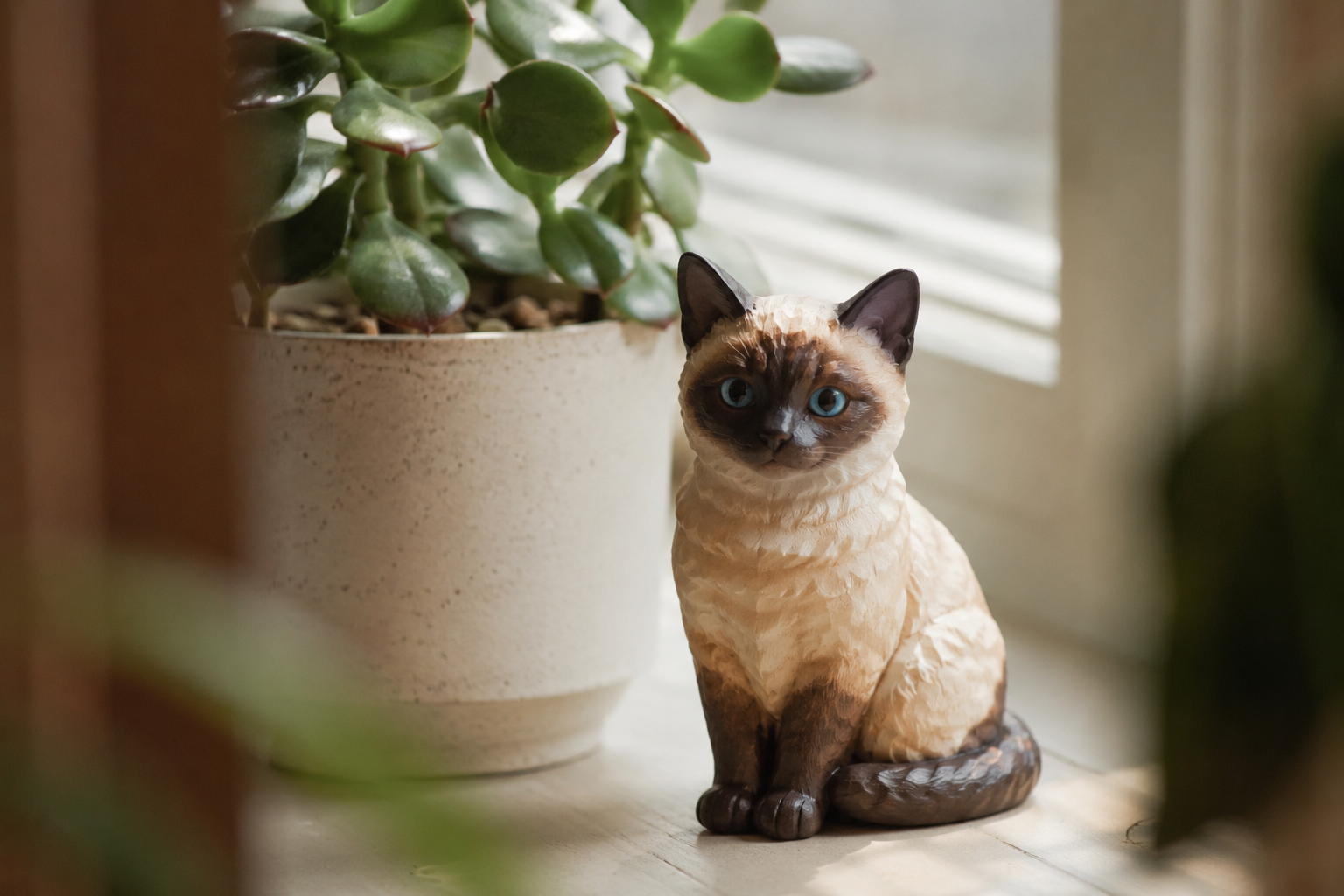 Siamese cat figurine sitting upright with blue eyes and point coloring — in-article view