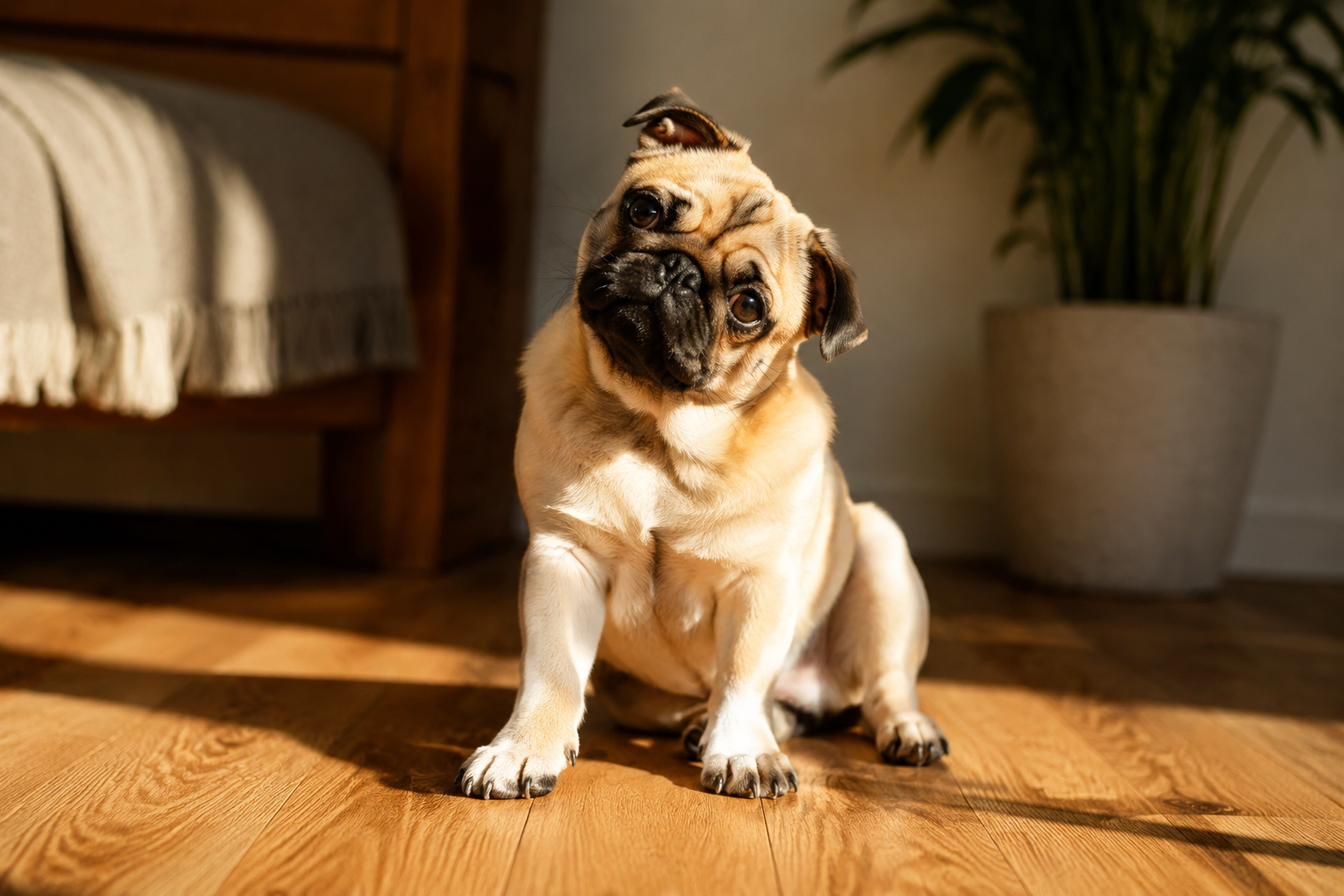 A fawn Pug sitting in a bright sunbeam on a wooden floor with a curious head tilt in cheerful daylight