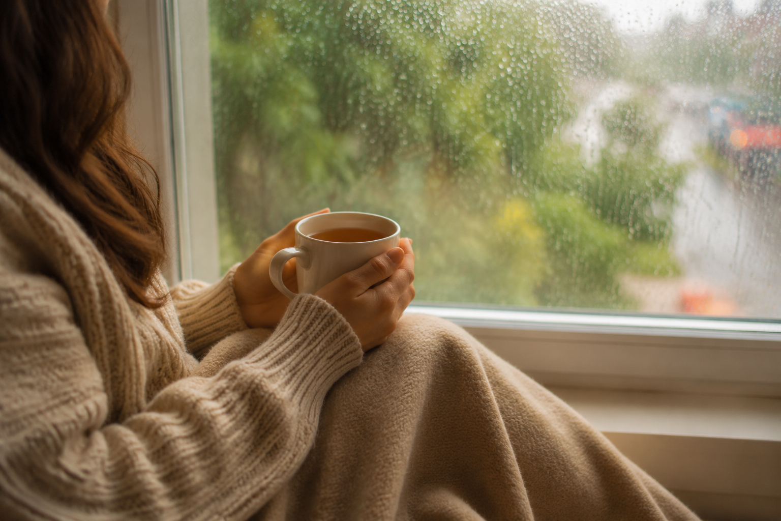 A mother's hands holding a warm mug of tea beside a rainy window with a soft blanket in quiet reflection