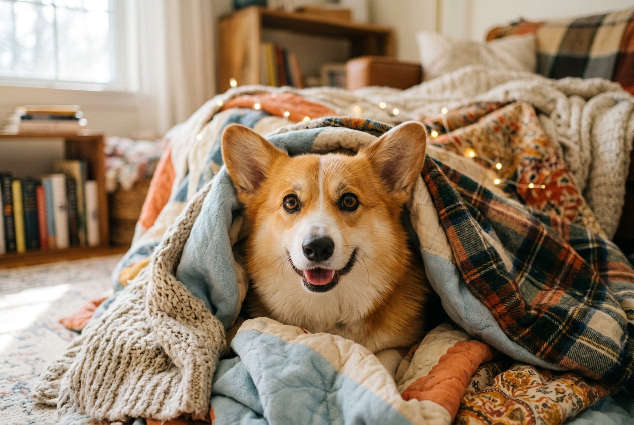 Corgi peeking from blanket fort with bright, curious eyes