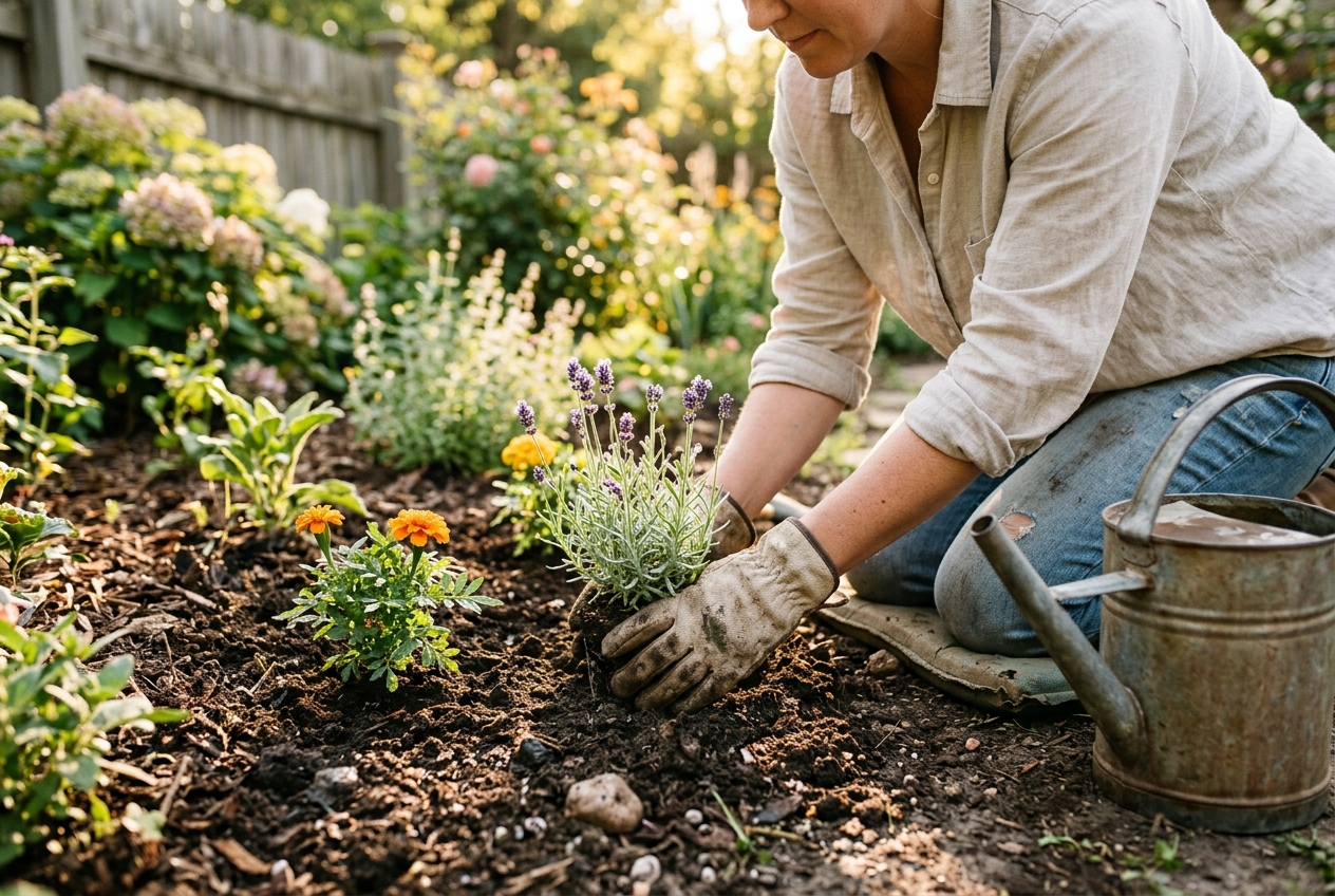 Hands in gardening gloves planting lavender and marigolds in a sunny garden bed with a watering can nearby