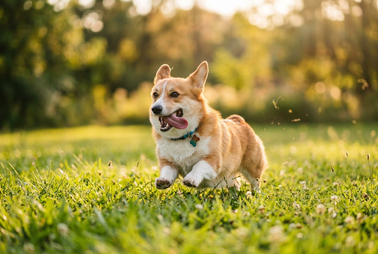 Happy Corgi running full speed through a grassy park at golden hour with tongue out and ears flying back