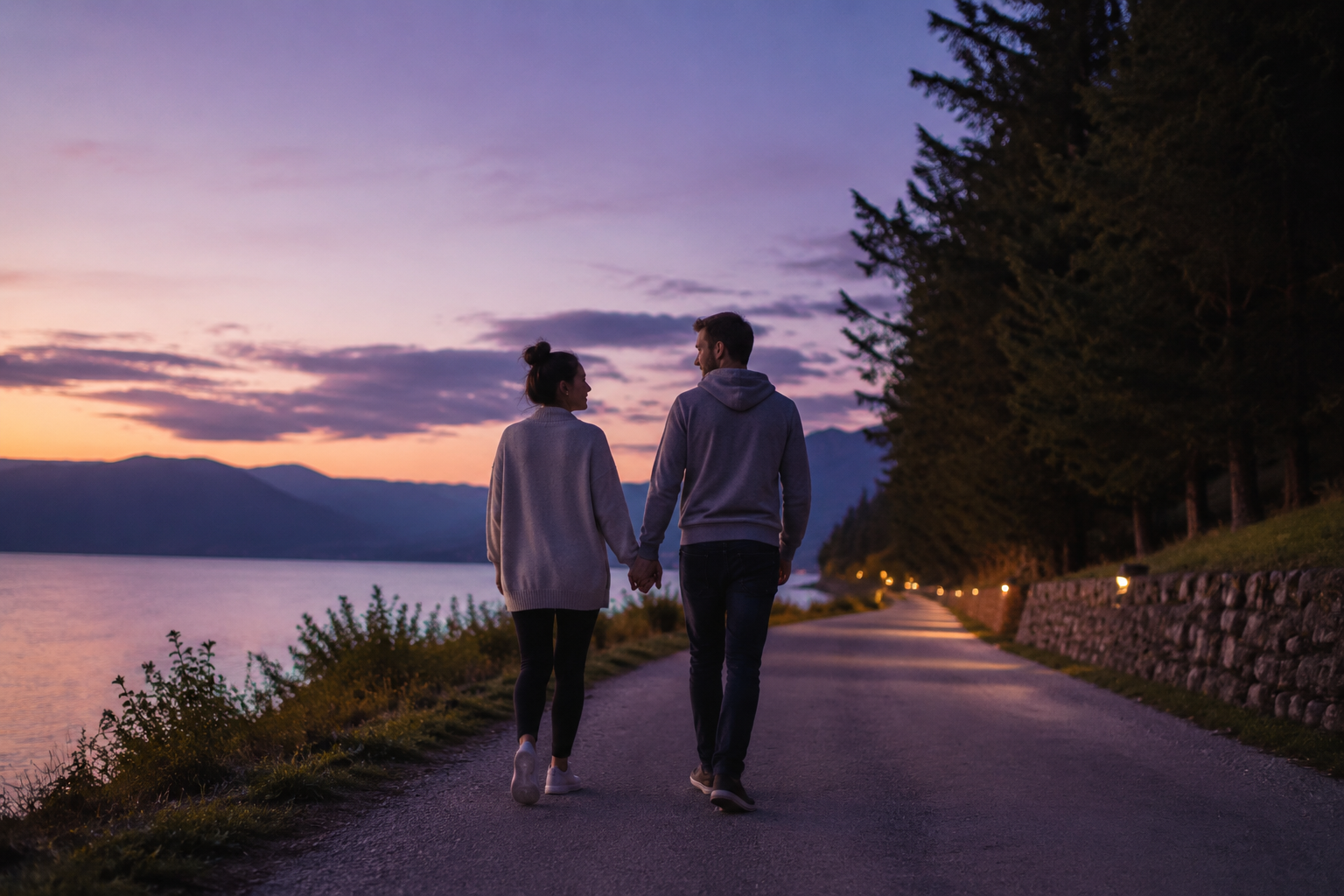 A couple walking hand in hand on a quiet path at dusk under soft purple-blue evening light