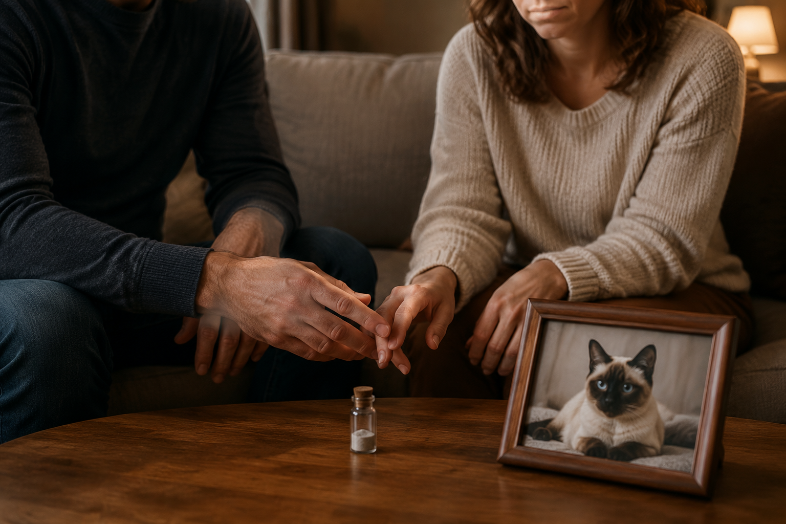 Couple on couch reaching for each other's hand with glass vial and framed Siamese cat photo on coffee table in soft light