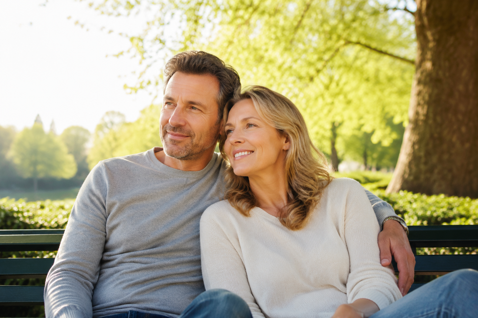 A couple sitting close on a park bench in bright morning light, relaxed and smiling with a sense of renewal