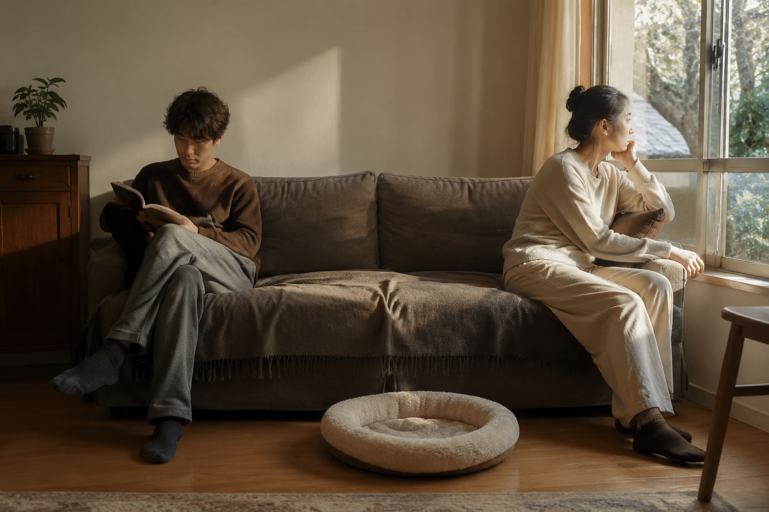 Couple sitting on opposite ends of a couch with an empty cat bed between them in quiet contemplative natural light