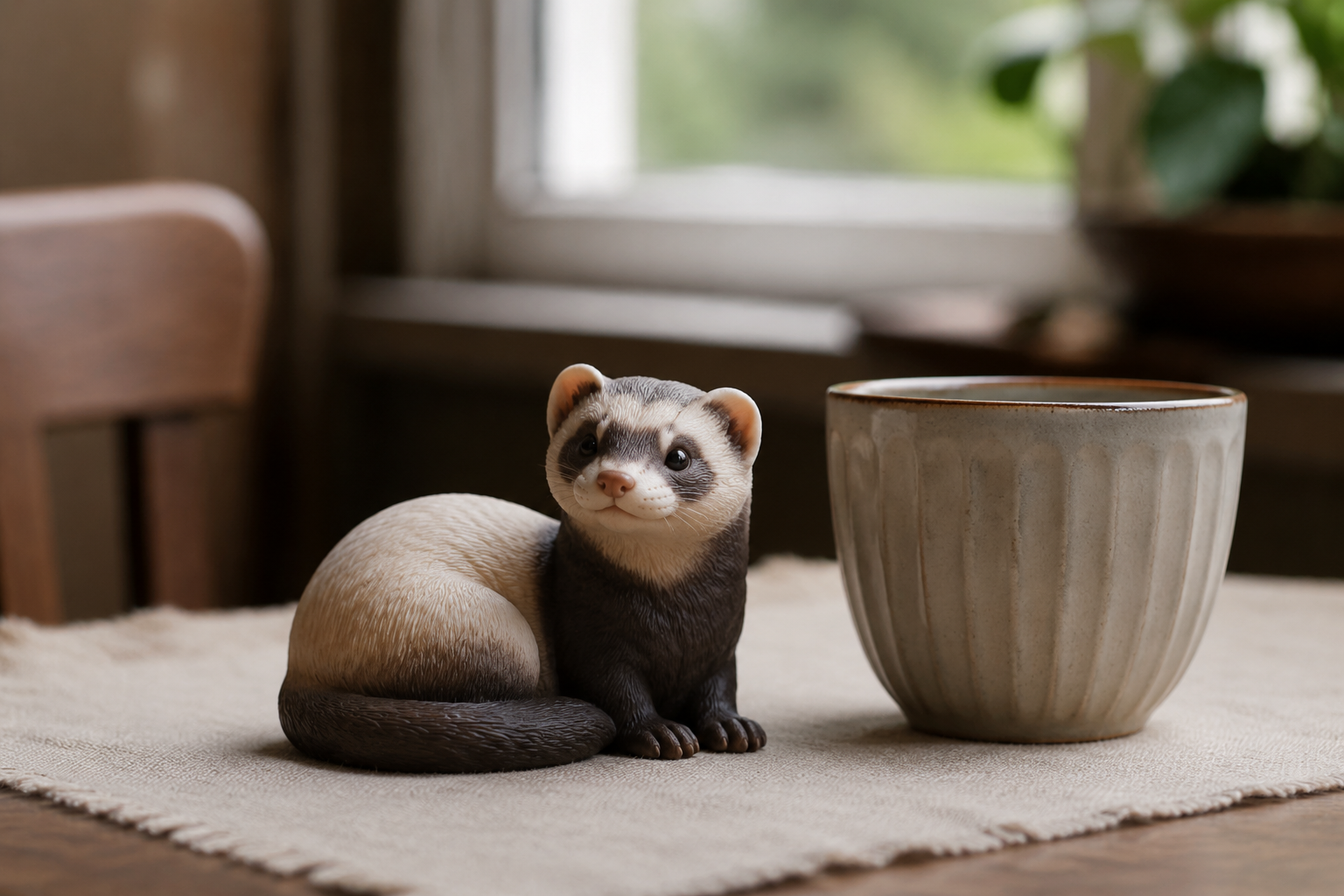 Ferret figurine curled in a relaxed loaf with bright eyes — in-article view