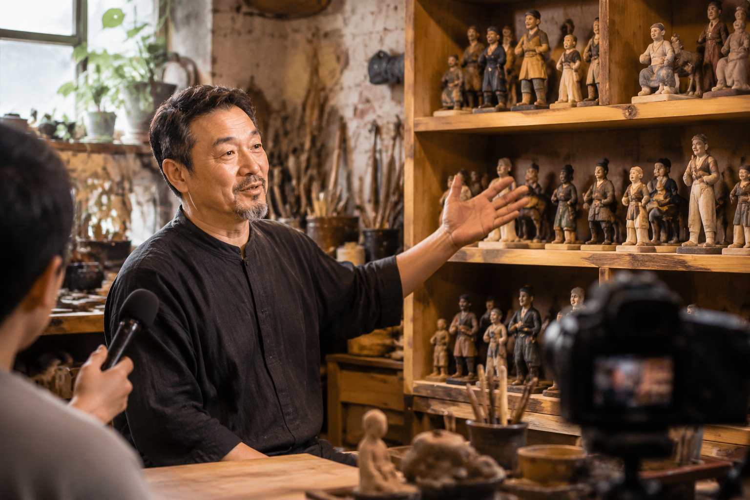 Artisan being interviewed in a bright workshop, gesturing toward a shelf of completed pet figurines with quiet pride