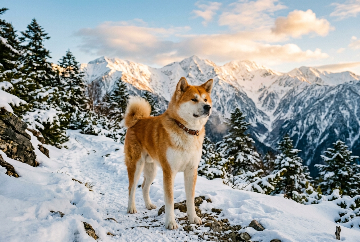 Majestic Akita standing proudly in a snowy landscape with thick coat ruffled by gentle breeze