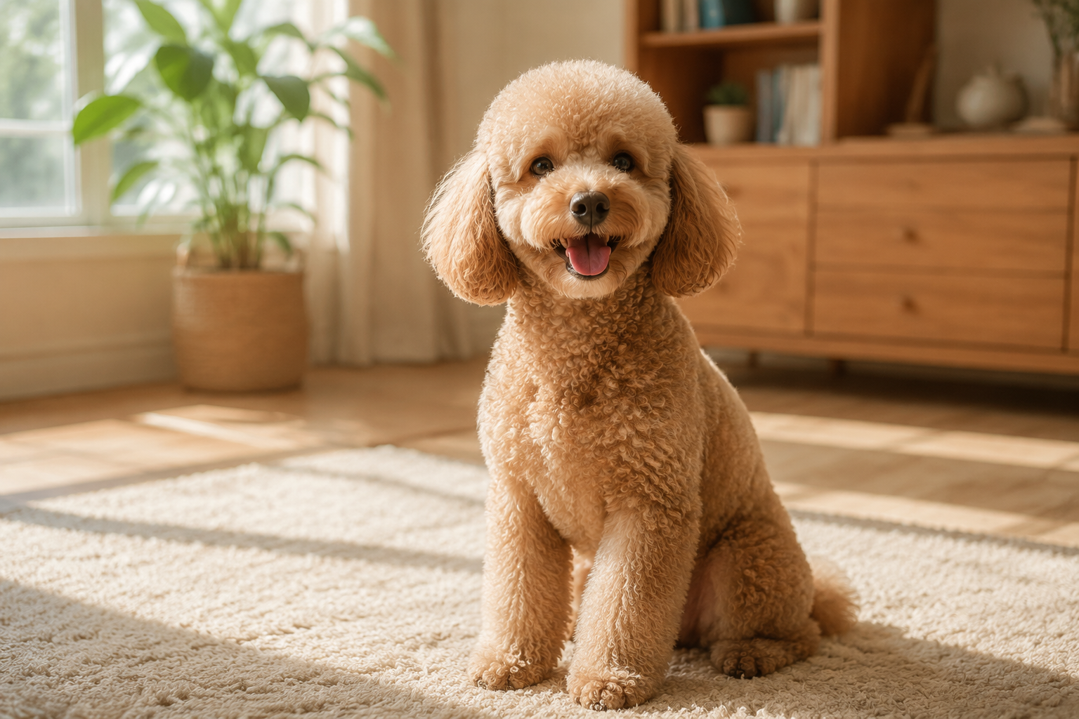 A freshly groomed Poodle sitting proudly in a sunlit room, showing off its detailed curly coat