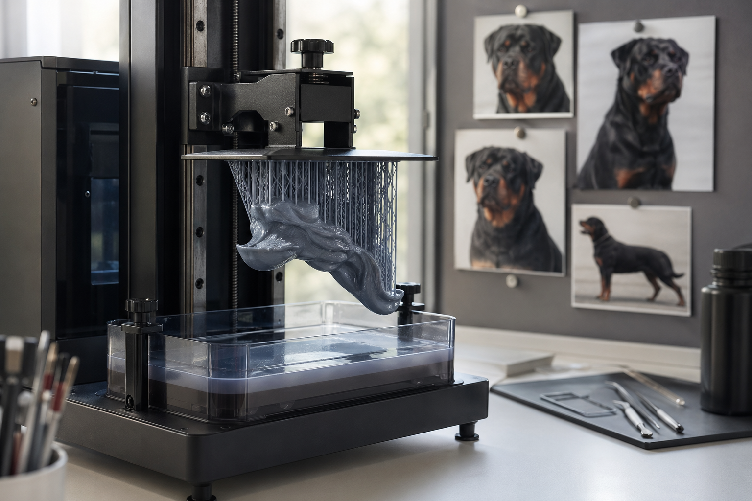 Modern resin 3D printer running beside Rottweiler reference photos in a clean studio