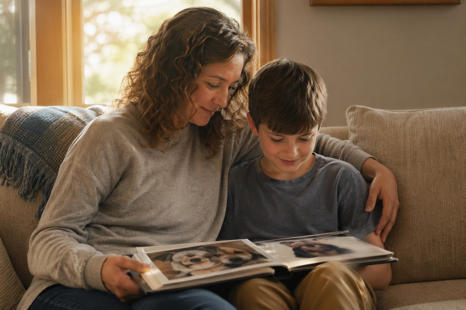 Child and parent reviewing pet photo album together