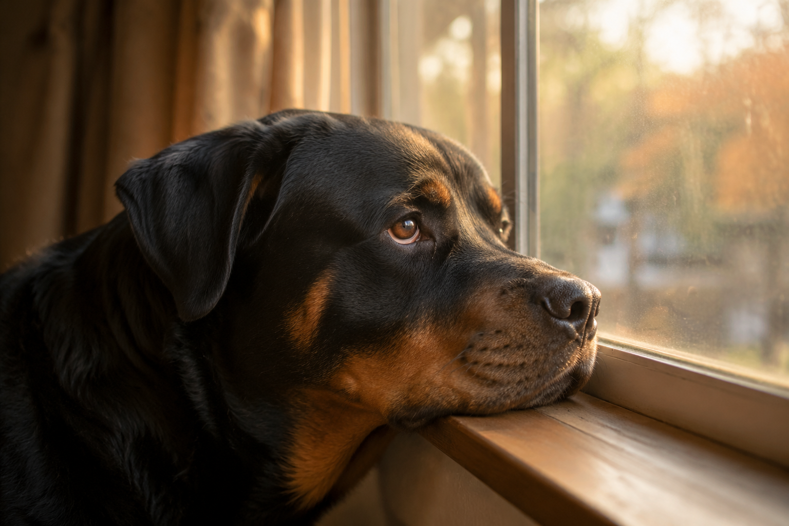 A loyal Rottweiler resting its head on a windowsill gazing out as if waiting, devoted in soft golden light