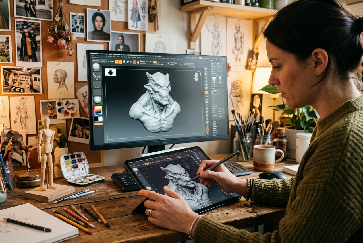 Artist's hands working on a digital tablet with sculpting software on a monitor and reference photos pinned nearby
