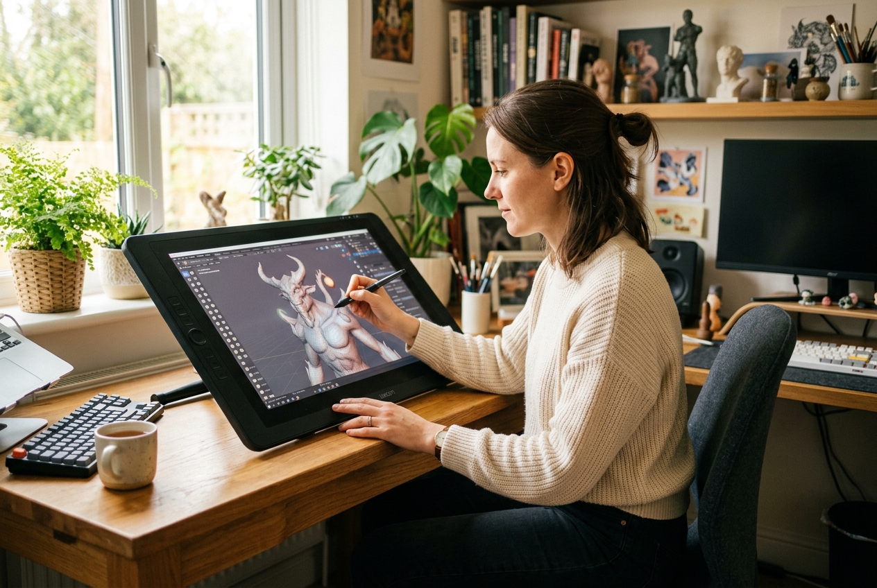 Digital artist sculpting a 3D model on a tablet with a stylus in a bright modern studio