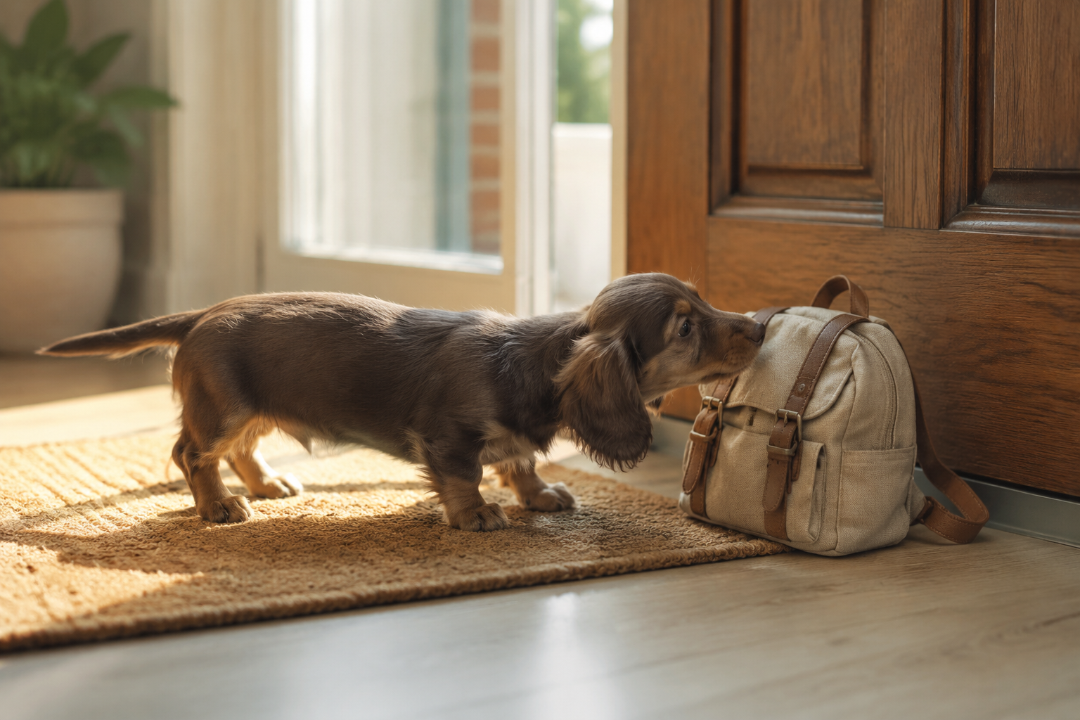 A long-bodied Dachshund puppy sniffing a small backpack near a front door in bright natural daylight