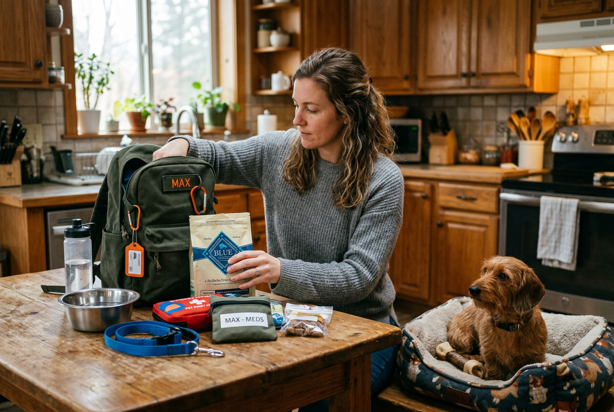 Person packing a pet emergency go-bag with supplies while a Dachshund watches from a nearby bed