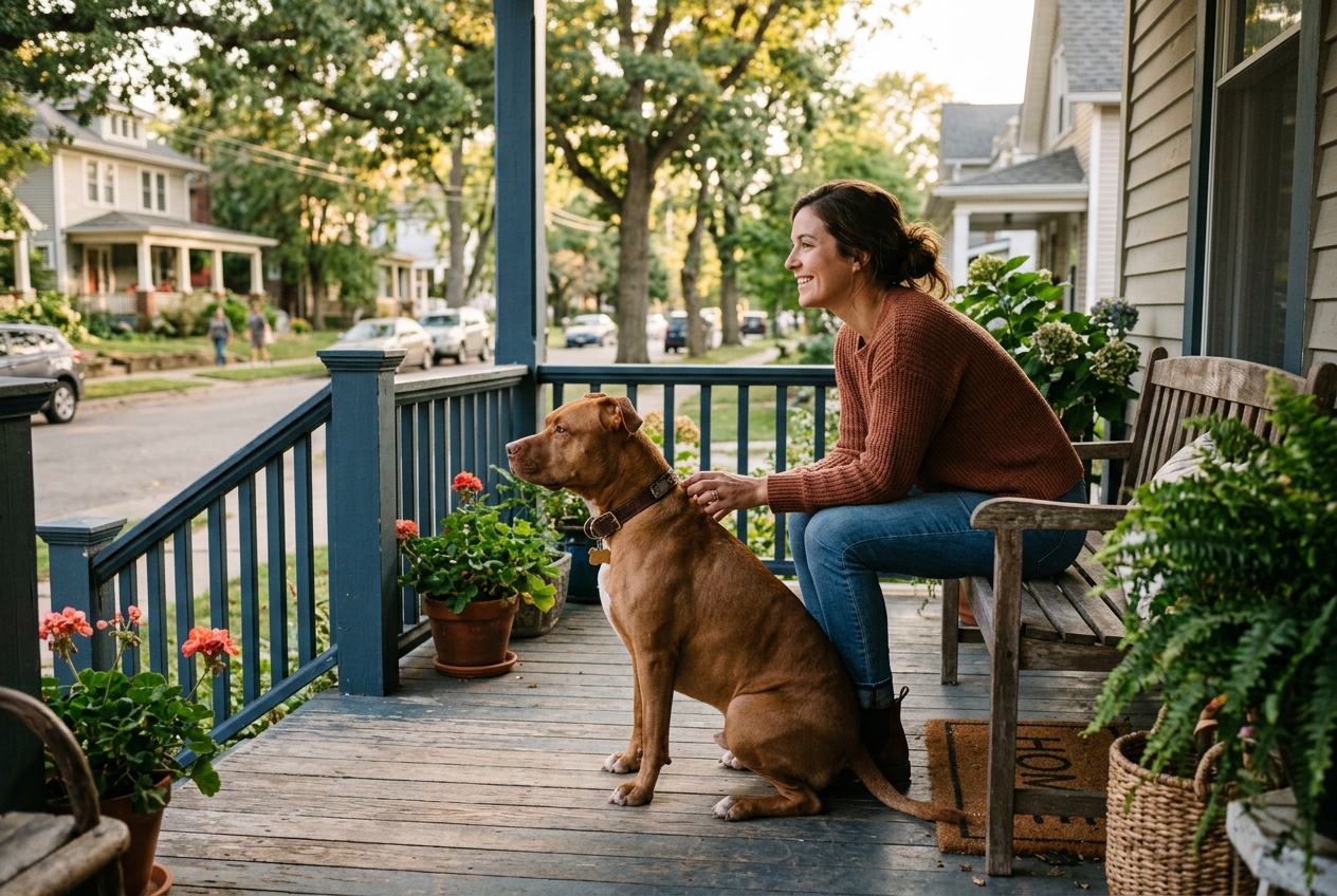 Pitbull sitting calmly beside its owner on a front porch both looking out at the neighborhood in daylight