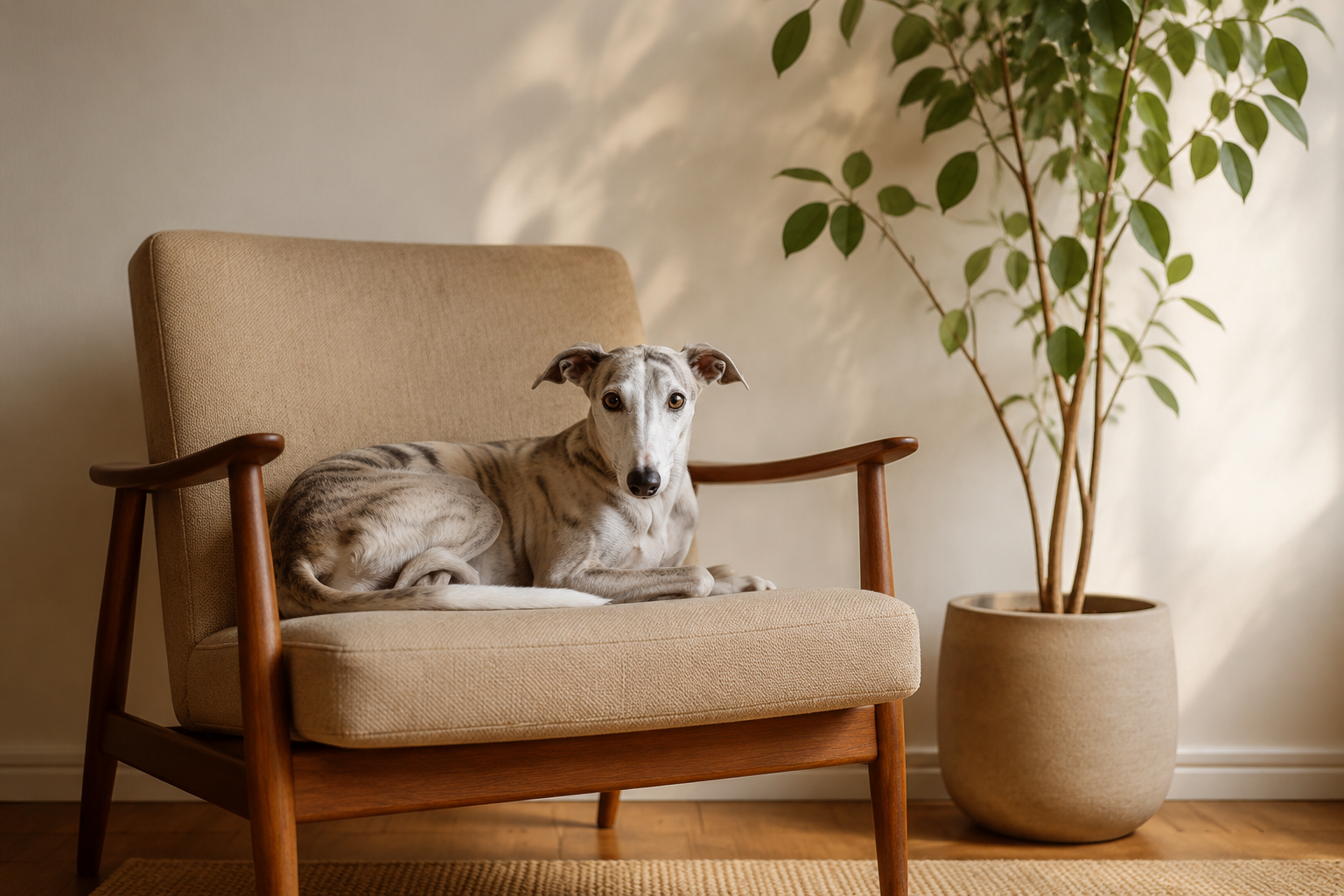 Slek Whippet curled elegantly on a mid-century modern armchair in a minimalist living room with warm neutral tones