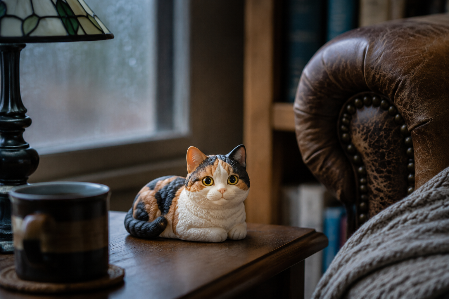 Calico cat figurine lying with distinctive patchwork facial coloring — in-article view