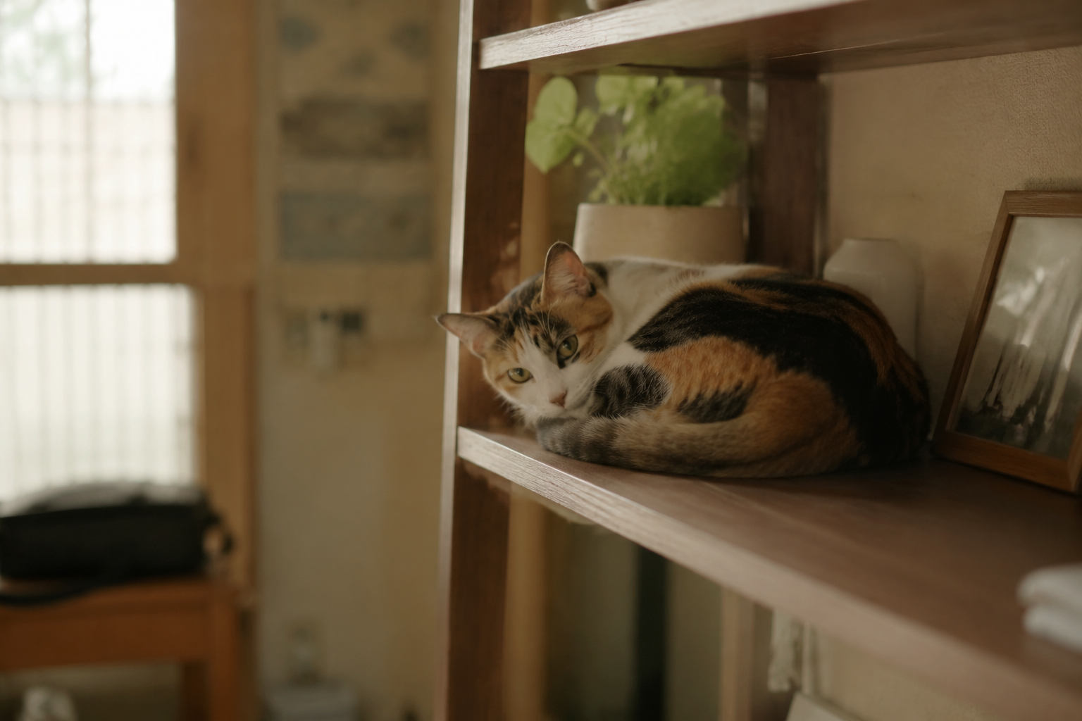 A Calico cat with a tri-color patchwork face curled calmly on a home shelf