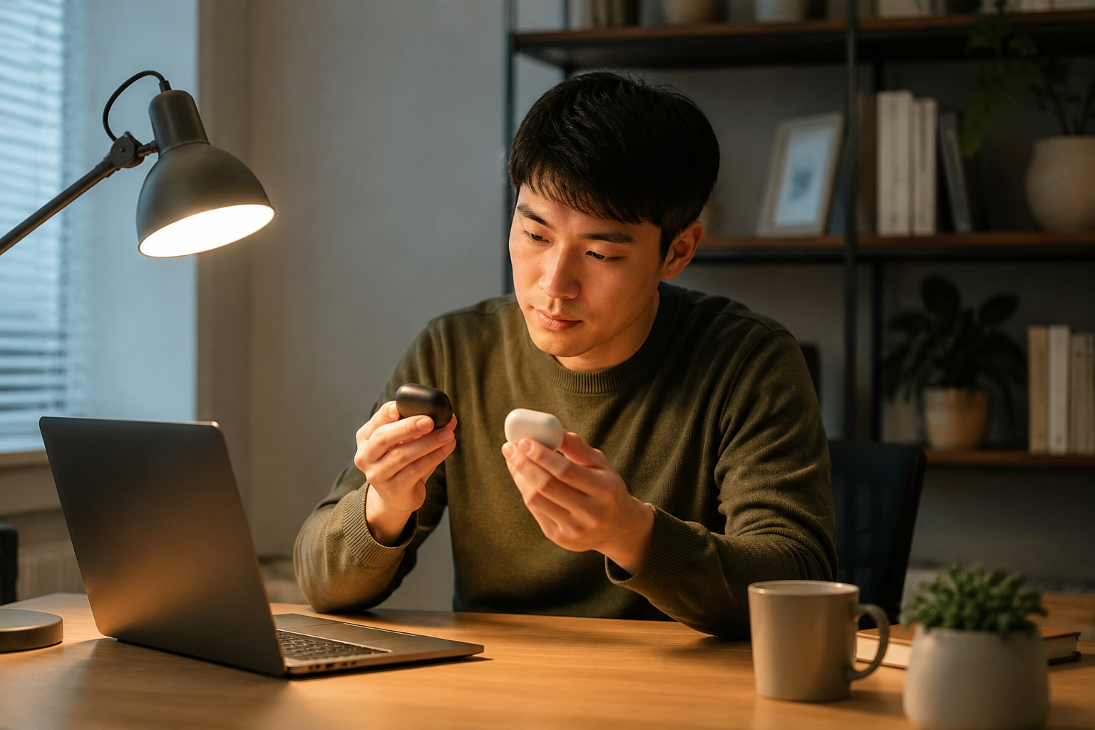 Person at a desk comparing two small objects side by side under a desk lamp with an evaluative expression