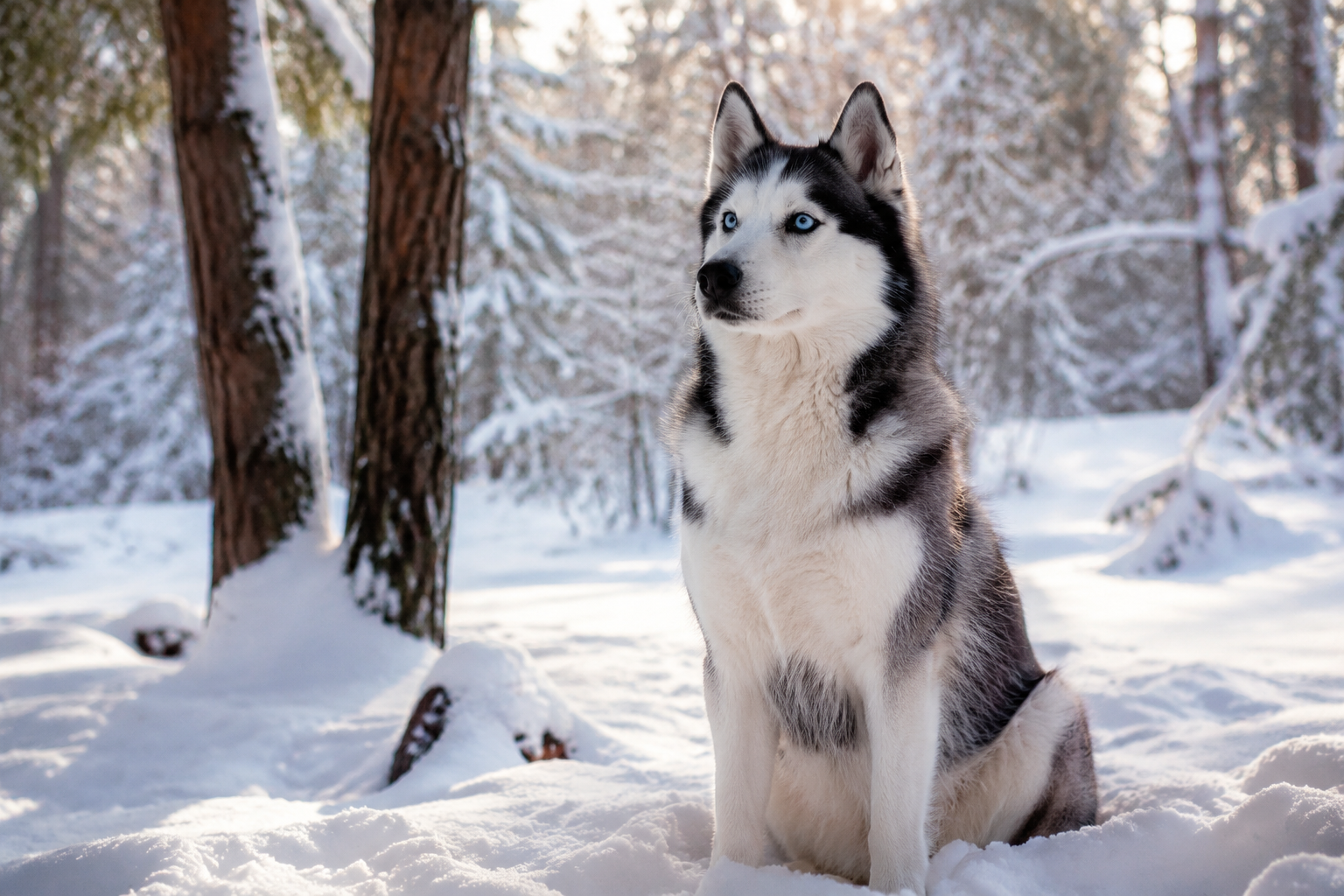 A majestic Siberian Husky with striking blue eyes sitting alert in a snowy forest in soft calm daylight