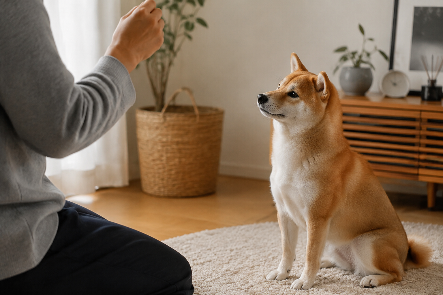 A Shiba Inu with perked ears sitting patiently on a rug and watching its owner