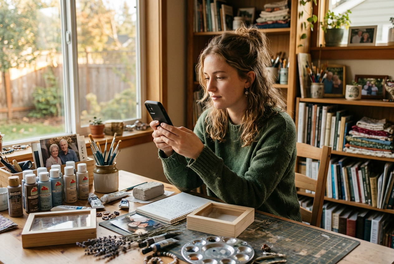 Person at a craft table with DIY memorial supplies looking at their phone for inspiration