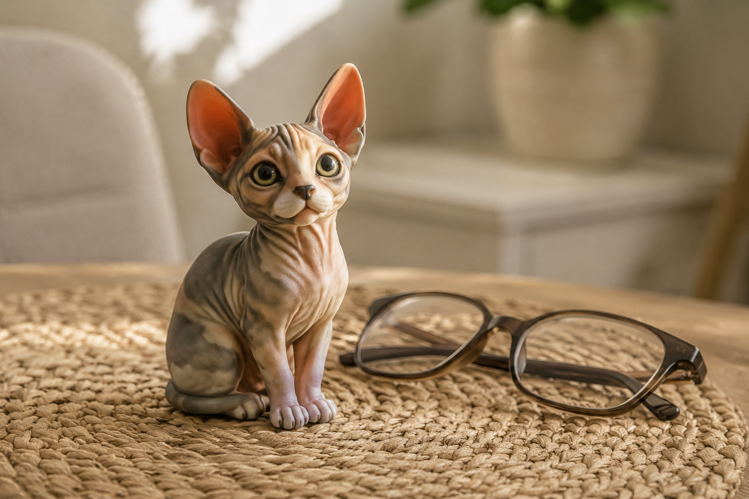 Sphynx cat figurine sitting alert with large ears — in-article view