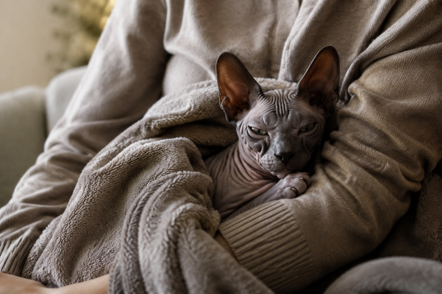 A hairless Sphynx cat wrapped in a soft blanket resting against its owner for warmth