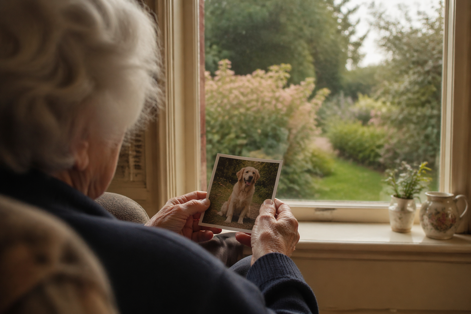 Elderly hands holding pet photo gazing at garden