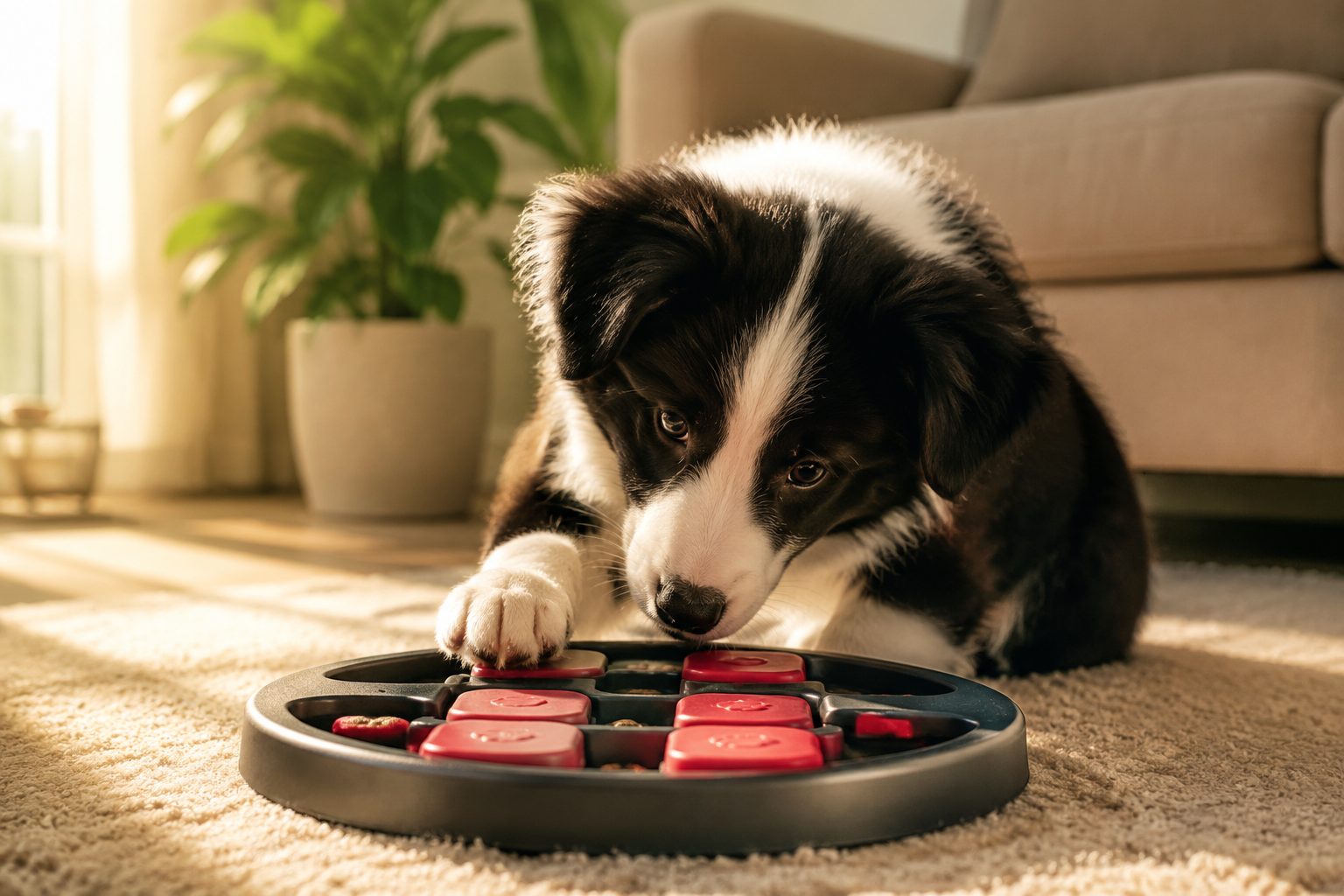 A focused Border Collie puppy solving a treat puzzle on a sunlit living room rug, bright-eyed and engaged