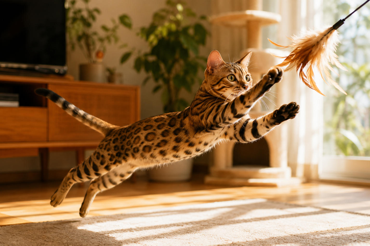 A spotted Bengal cat leaping playfully toward a feather toy in a sunlit living room, energetic and engaged