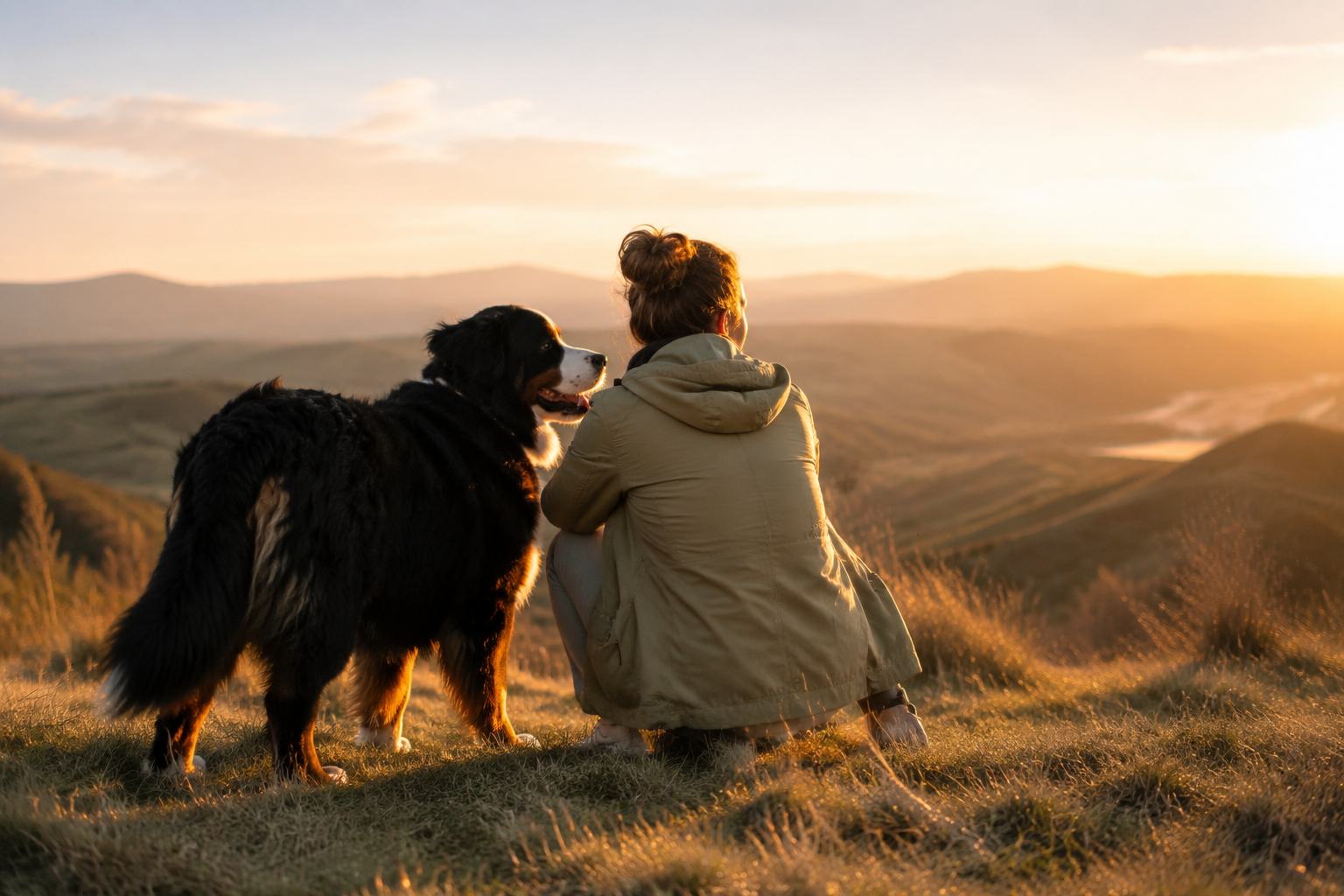 Bernese Mountain Dog and a crouching person looking toward the horizon in a sunlit field at golden hour