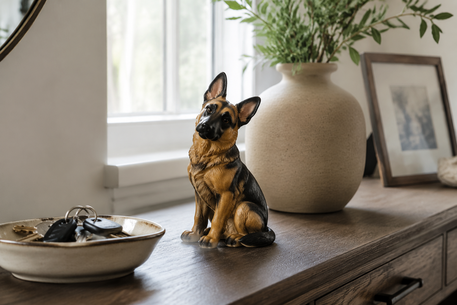 Full-color resin figurine of a seated German Shepherd with a slight head-tilt — in-article view