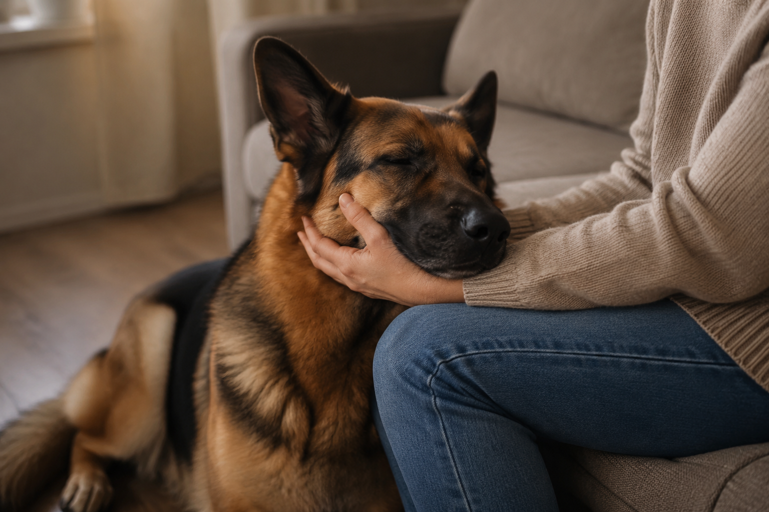 A German Shepherd sitting calmly and leaning into its owner's hand during a quiet evening at home
