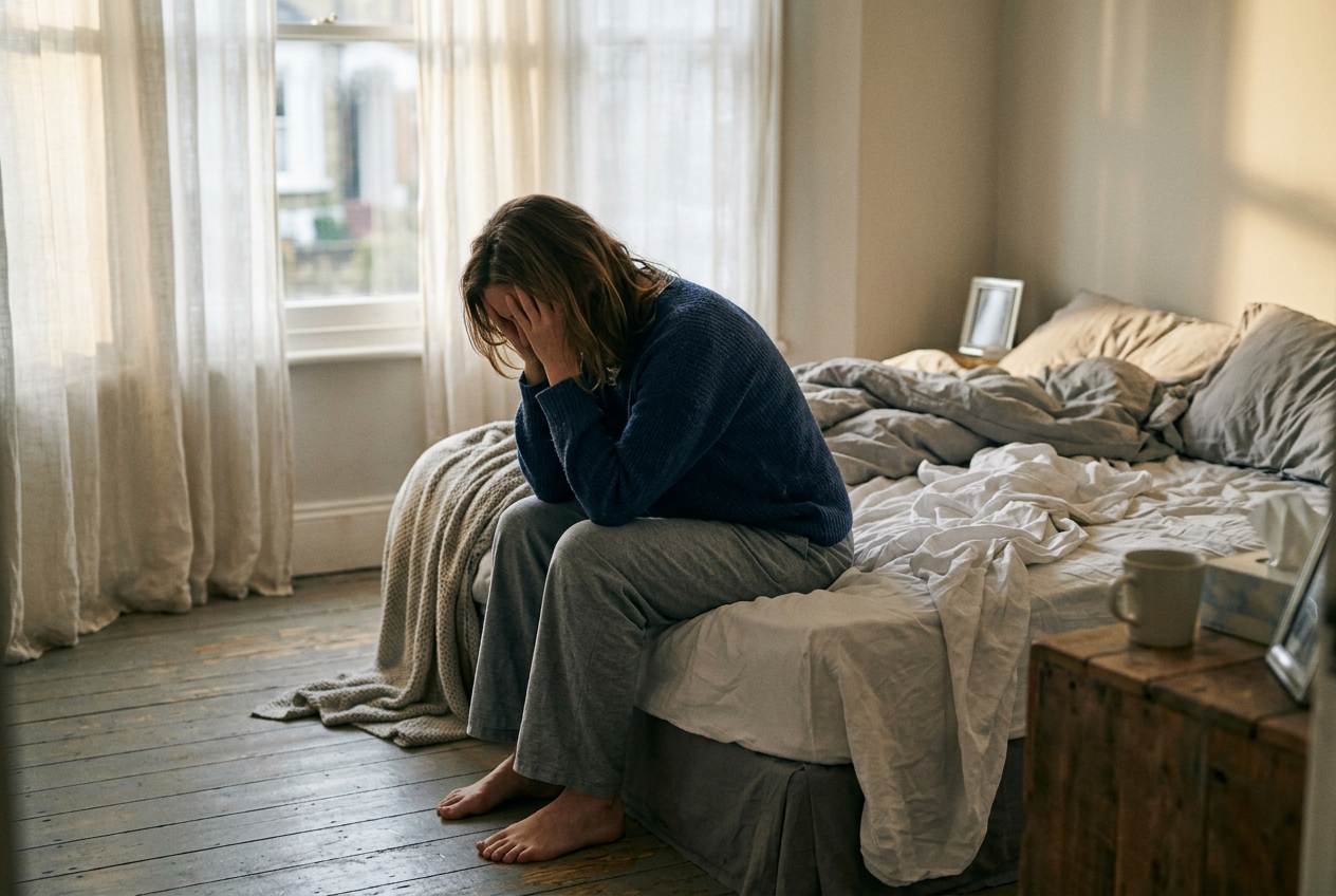 Person sitting on bed edge in early morning light in moment of private grief