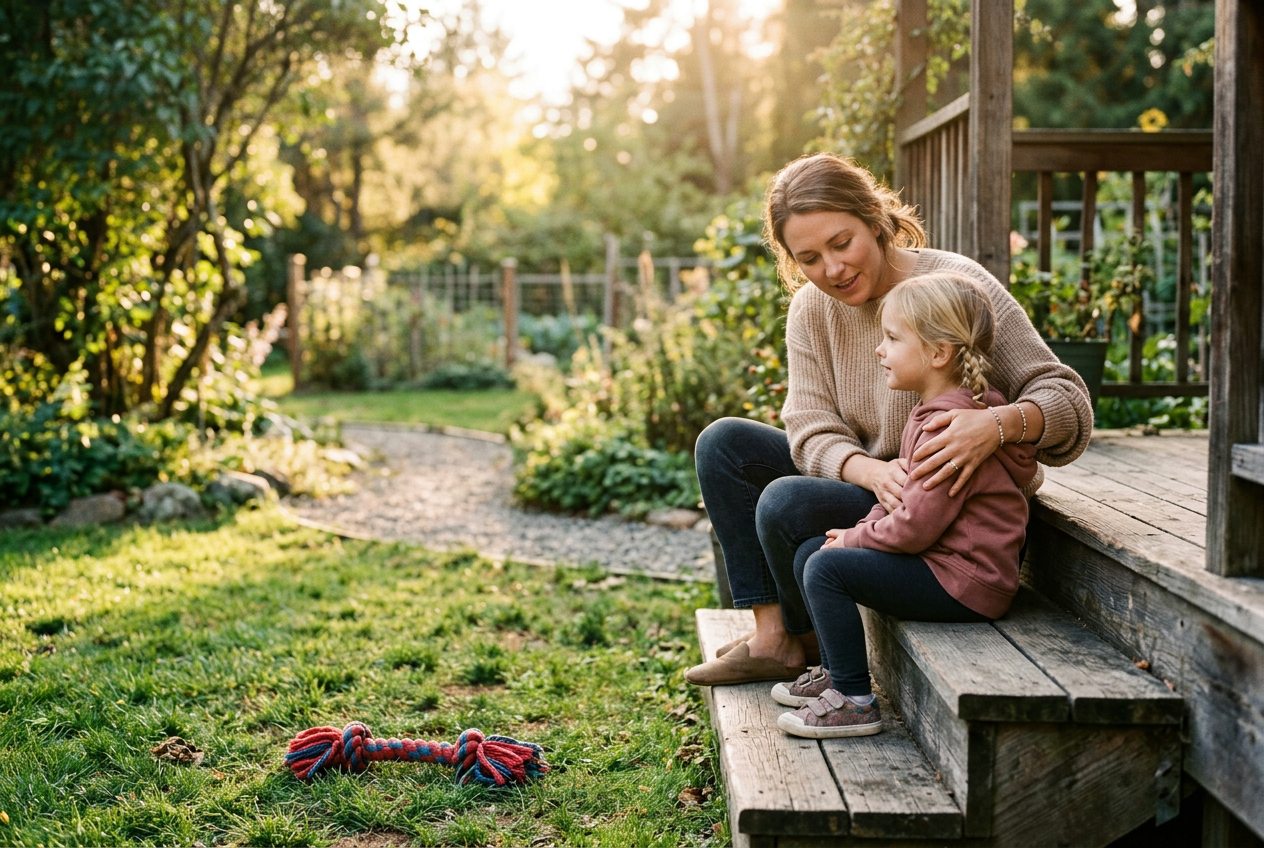Parent comforting child on porch step with dog toy visible in backyard during golden hour