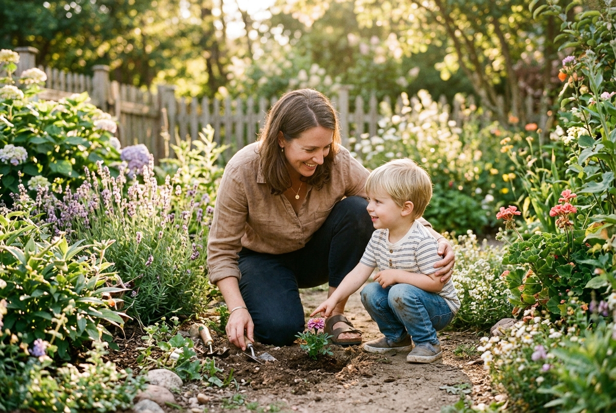 Parent kneeling with young child in a sunny garden looking at a small flower they planted together