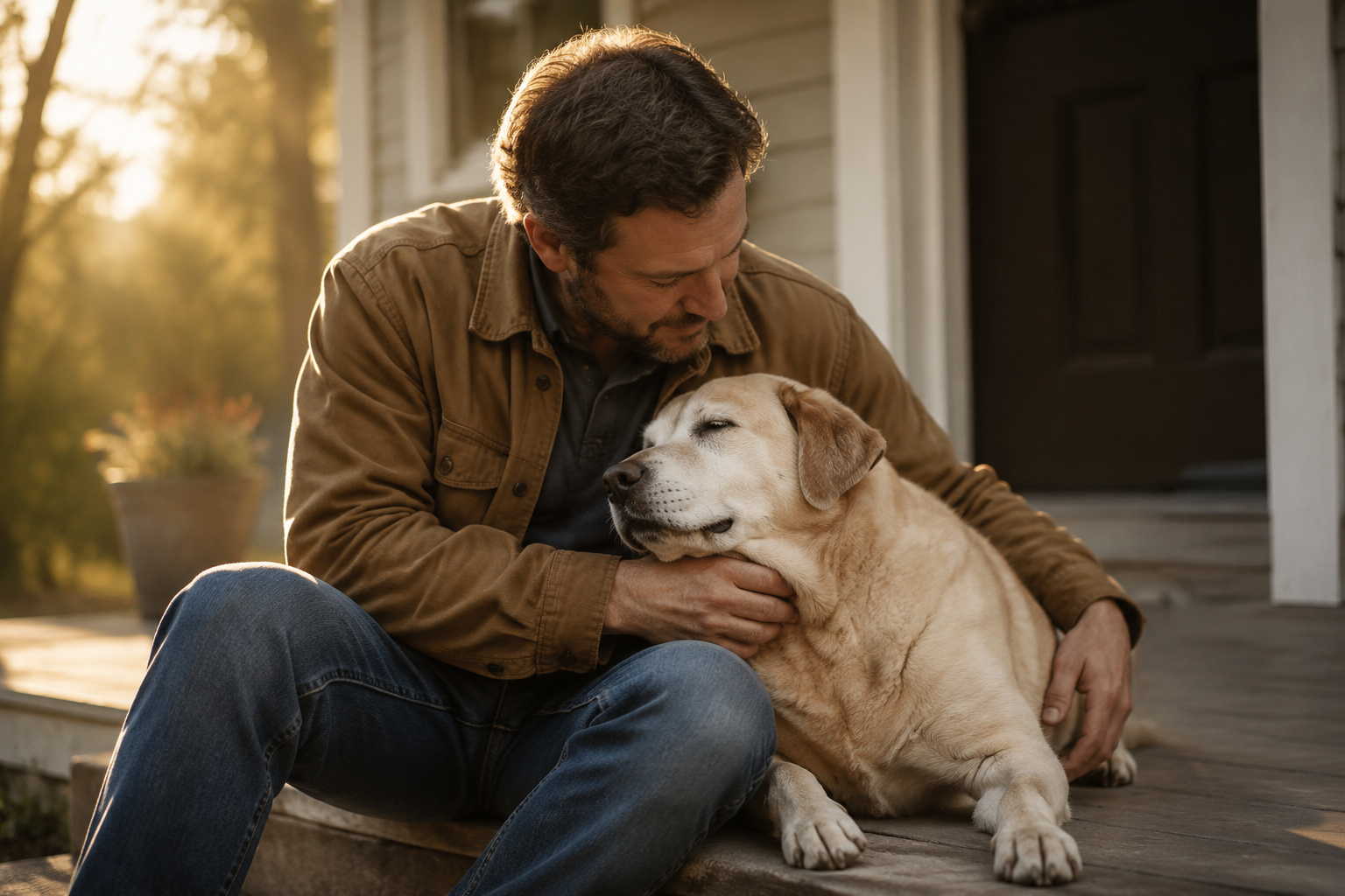 Man sitting on a porch step with an aging Labrador leaning against him in soft late-day light
