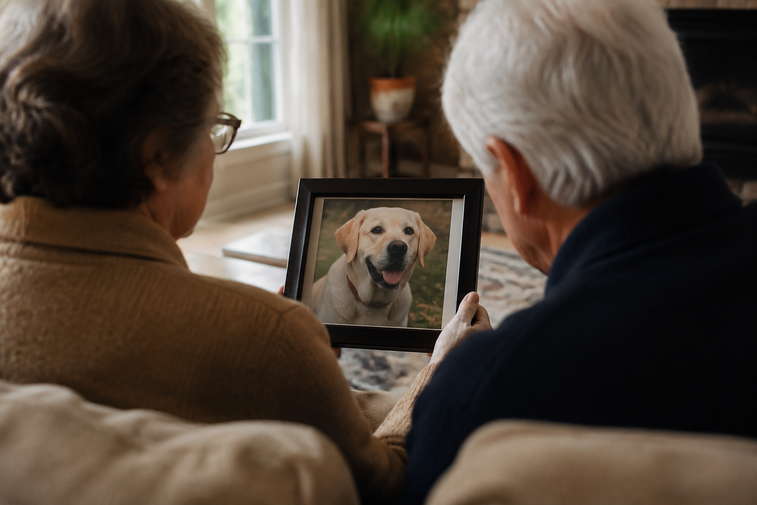 An older couple quietly looking at a framed photo of their beloved Labrador at home