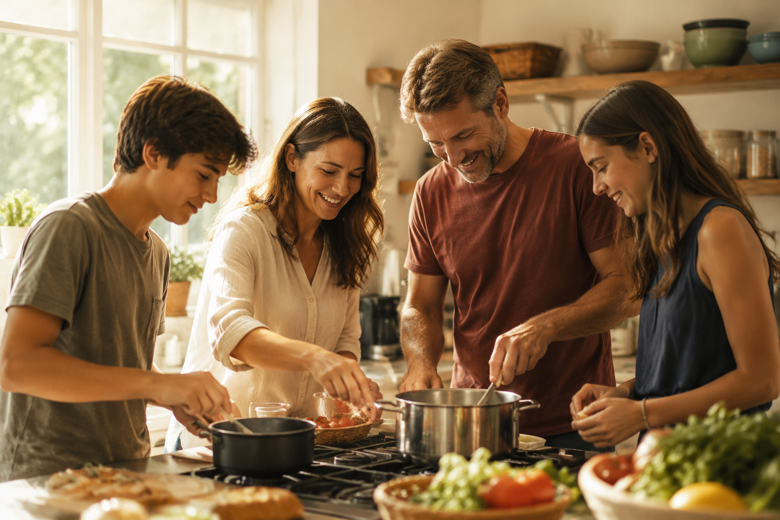 A family with teens cooking together in a sunlit kitchen, sharing a gentle nostalgic moment around the stove