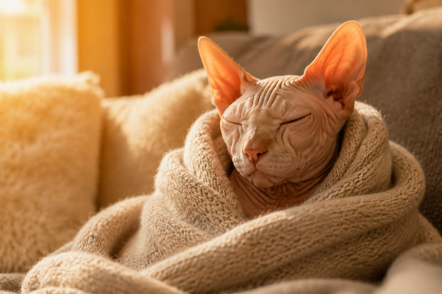 A hairless Sphynx cat wrapped snugly in a soft knit blanket on a couch, cozy and content in warm light