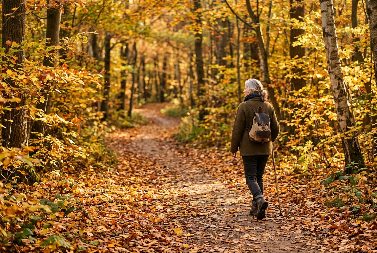 Person walking alone on a familiar autumn trail with golden leaves and soft sunlight through the trees