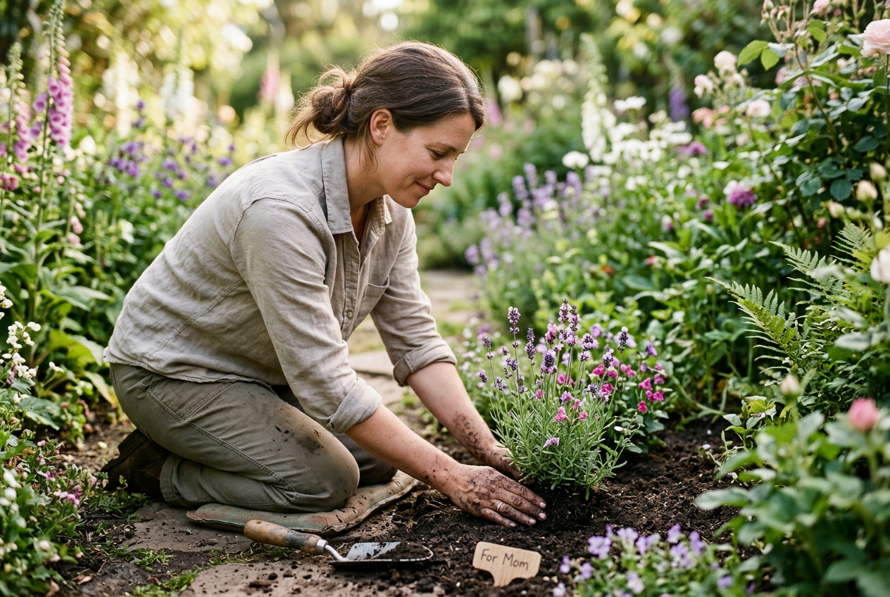 Person kneeling and planting flowers in garden with dirt on hands in peaceful daylight
