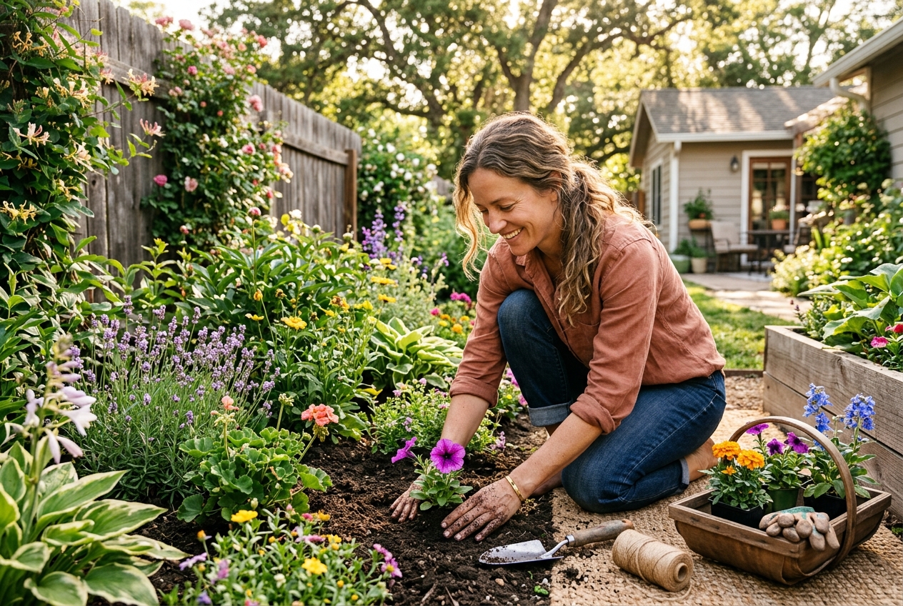 Person kneeling in a backyard garden planting flowers on a sunny morning with hands in soil and a peaceful expression