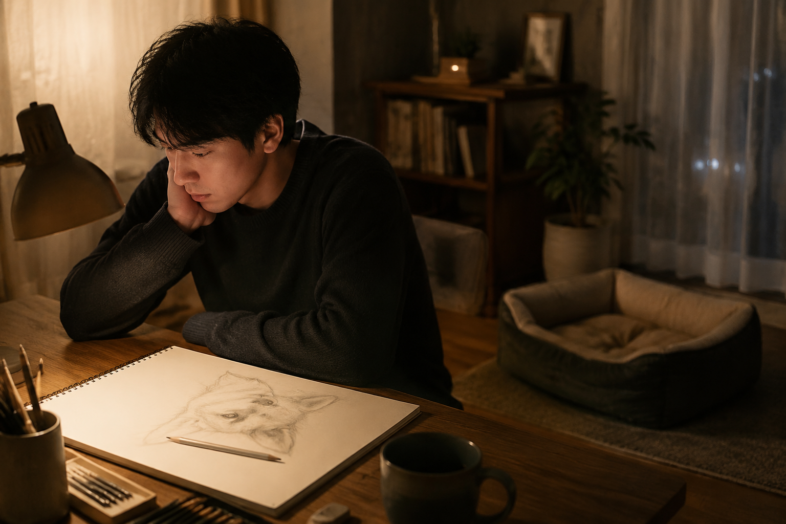 Person at a desk staring at an unfinished drawing with their Shiba Inu's empty bed visible behind them in warm lamp light