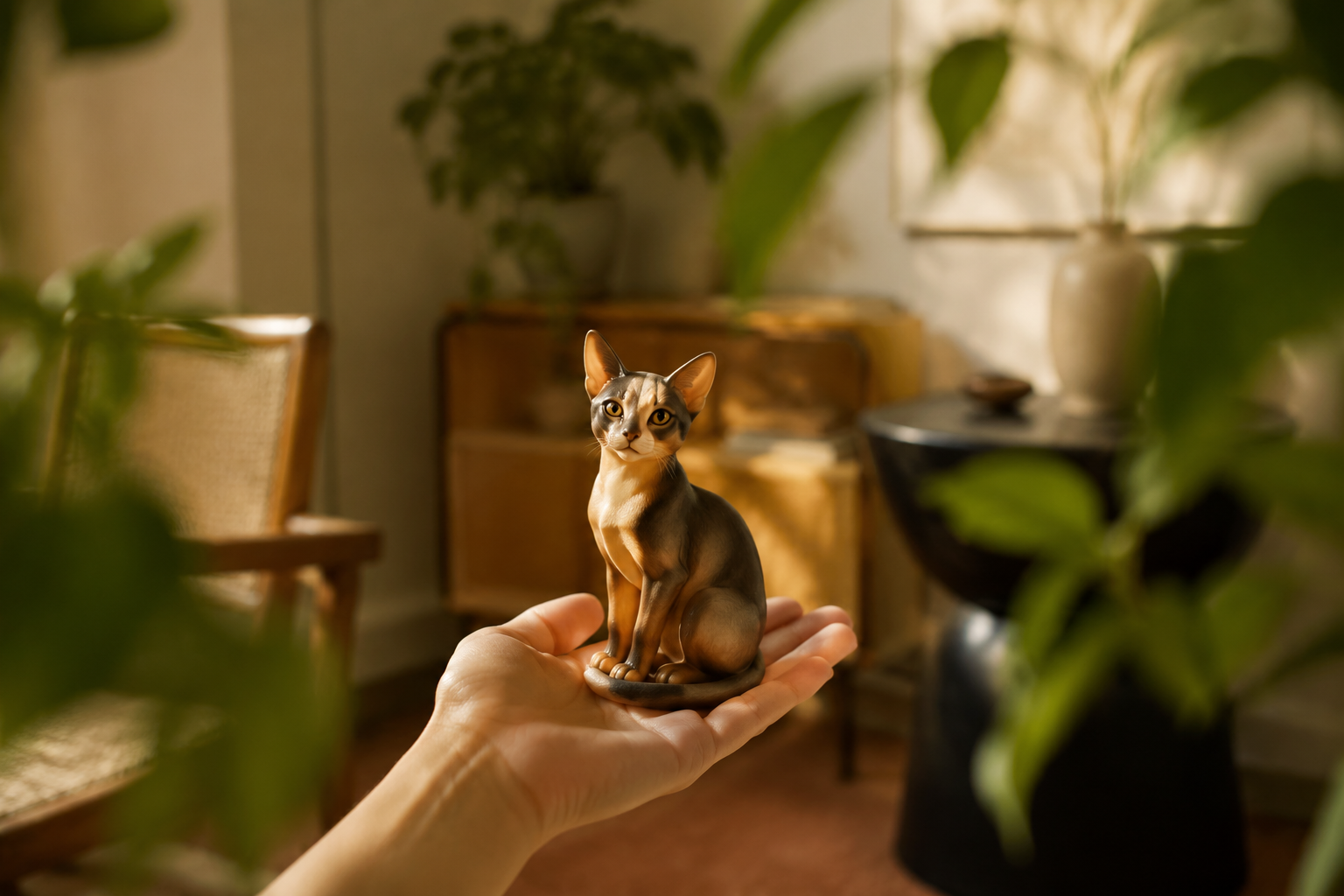 Abyssinian cat figurine sitting alert with large ears and ticked coat — in-article view