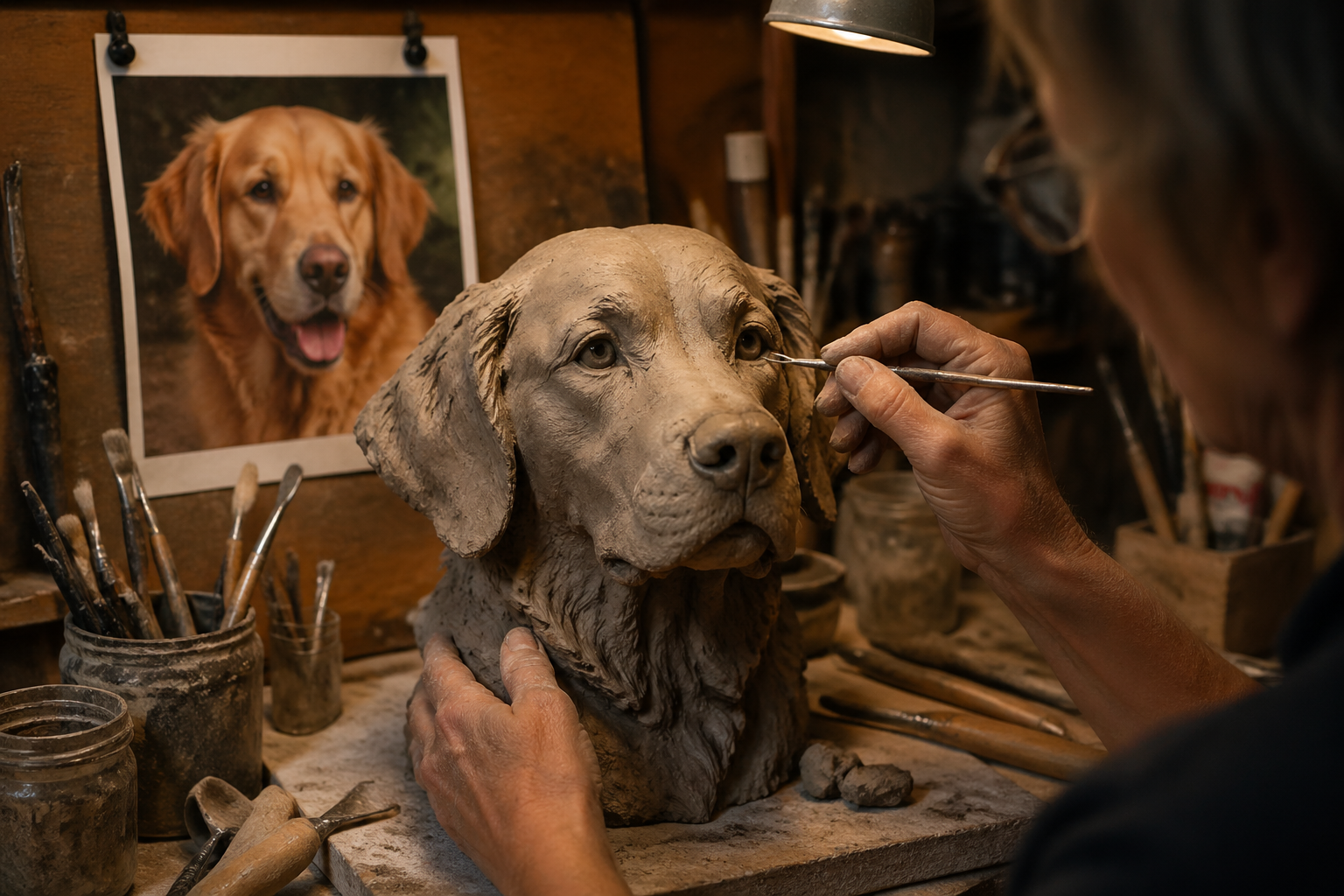 Artist's hands working with pet photo reference above